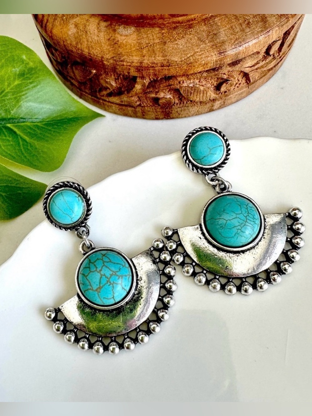 Turquoise Stone Silver Half Moon Earrings Southwestern Cowgirl Boho Rodeo NEW